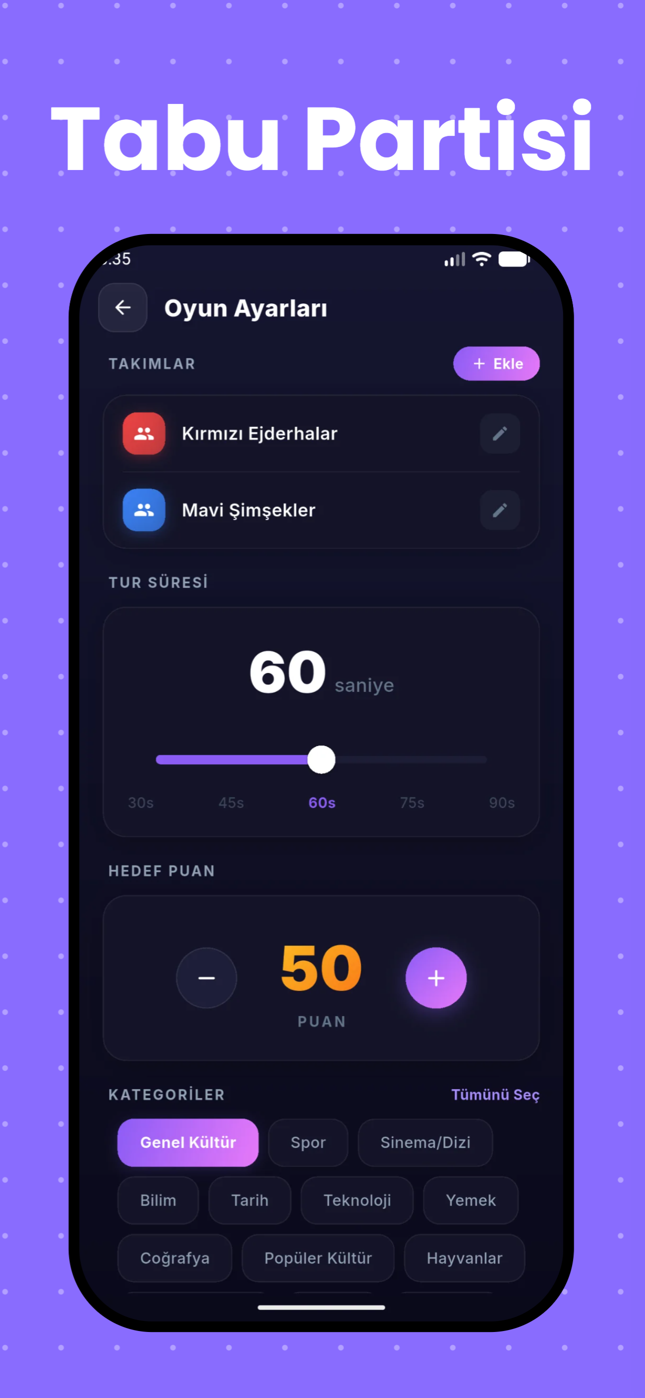 Tabu App Ekranı